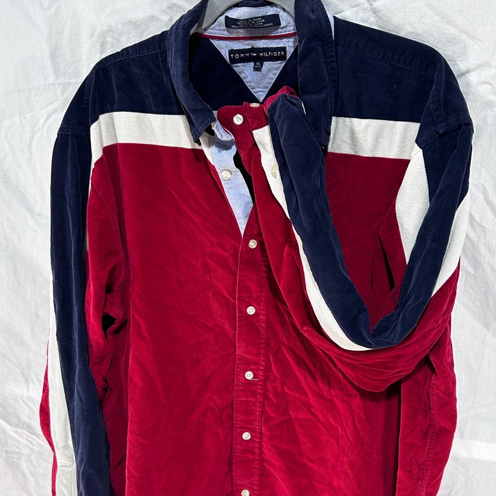 Vintage Tommy Hilfiger Corduroy Shirt Men’s Long Sleeve Y2K Red White Blue XL - Picture 9 of 13